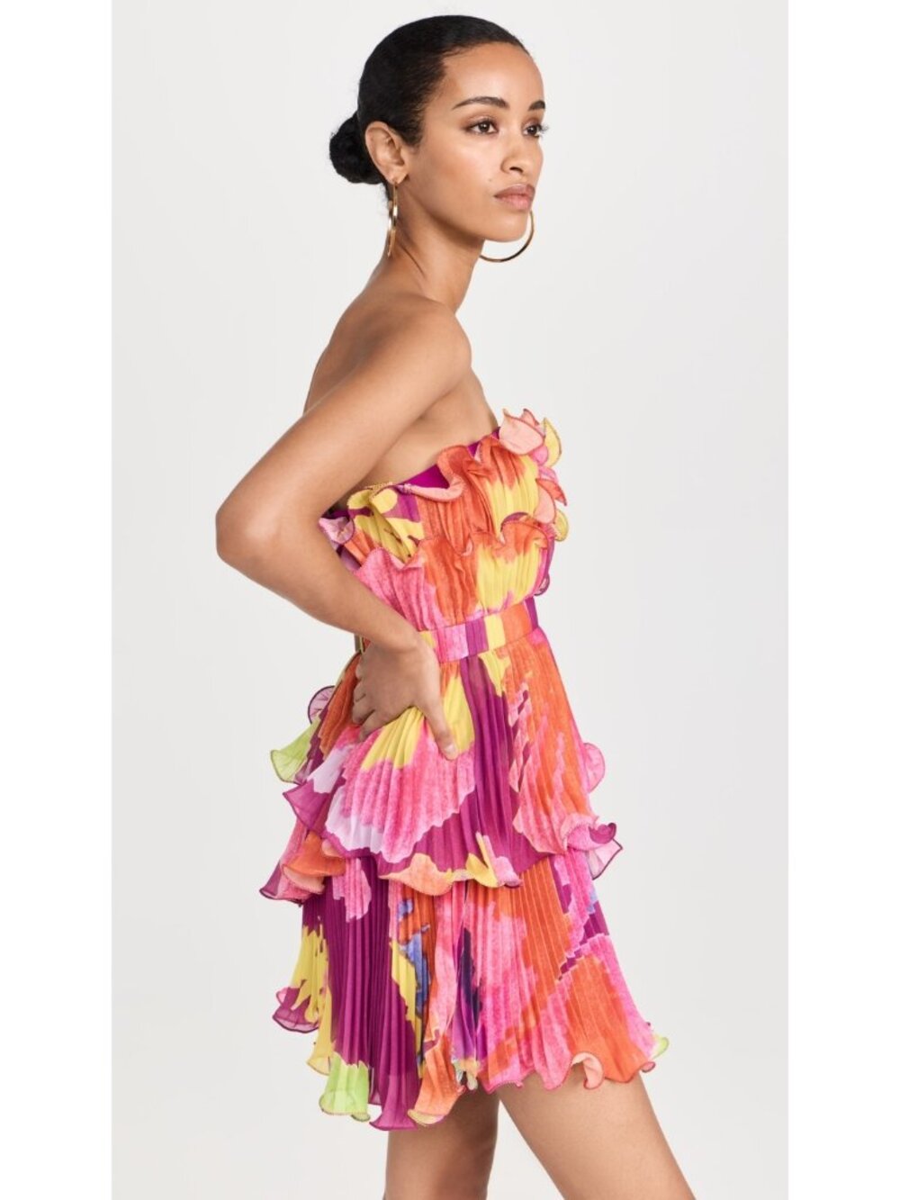 AMUR Massie Strapless Mini Dress Size 4 Purple Floral Pleated Ruffle A-Line - Picture 3 of 14